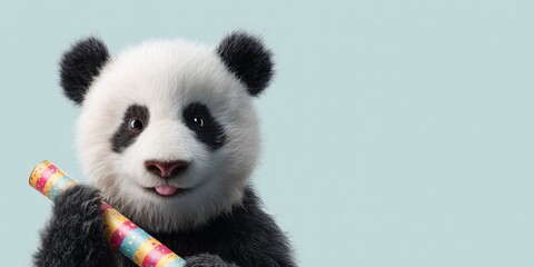 Fototapeta premium Panda holding festive party cracker on pastel cream background. Minimal surreal portrait radiates playful celebration.