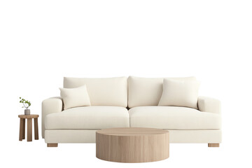 Fototapeta premium Stylish white sofa with round wooden coffee table, minimalist decor for modern living spaces, cozy and inviting atmosphere.