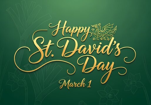 Celebrating st. david's day with daffodil and dragon motifs in elegant gold script design for march 1st festivities