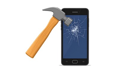 Smartphone with a broken screen, hit by a hammer