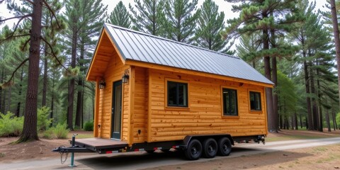 Tiny wooden house on wheels surrounded by trees.