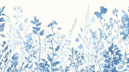 101.An elegant vintage botanical ornament in a palette of soft blue tones, with intricate folklore patterns and silhouettes of plants and flowers. The design exudes a delicate, artistic charm, making