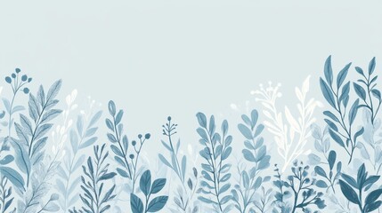 101.An elegant vintage botanical ornament in a palette of soft blue tones, with intricate folklore patterns and silhouettes of plants and flowers. The design exudes a delicate, artistic charm, making