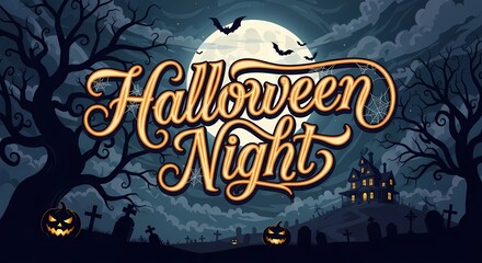Spooky halloween night with haunted house, bats, and jack o' lanterns for festive celebration design