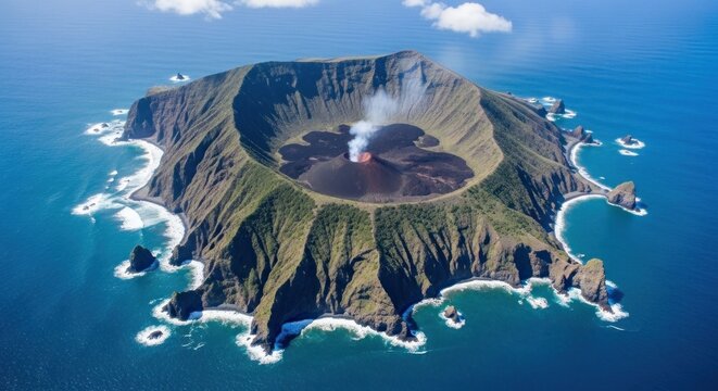 Volcanic island with steaming crater lake. Surrounded by cliffs and turquoise ocean. Aerial view - Powered by Adobe