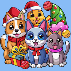 Fototapeta premium Cute cartoon dogs and cats wearing santa hats and scarves with christmas tree and presents celebrating the holiday season