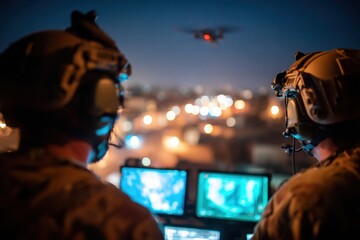 Soldiers operating a drone at night