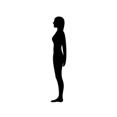 Silhouette of a woman standing facing sideways isolated on white background