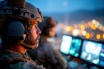Soldiers operating a drone at night