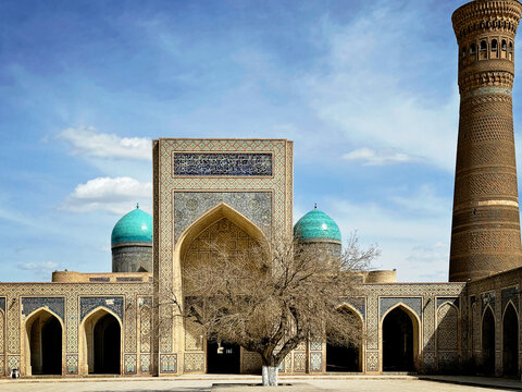 Bukhara, Uzbekistan Aerial view of Kalan Minaret Emir and Alim Khan madrasah of Po-i-Kalan - islamic religious complex
