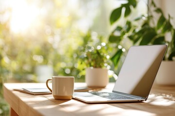 Modern workspace with laptop and coffee in sunlight
