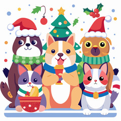 Fototapeta premium Adorable cartoon dogs wearing santa hats and scarves celebrate christmas with a decorated tree and festive drinks