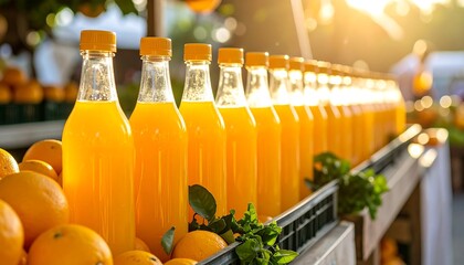 Sunny shot of orange juice bottles in a row on a wooden table with fresh oranges. Golden light shines