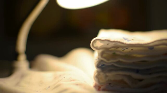 Close-up of folded cloth diapers with soft lighting, textile texture, and clean cotton fabric.