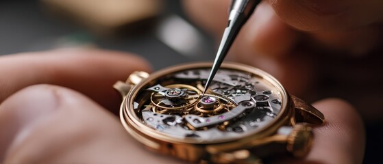 Watchmaker repairing a luxury gold wristwatch with precision tools in a workshop Concept of craftsmanship, horology, and mechanical engineering
