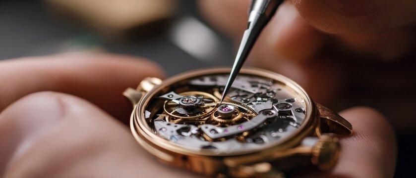 Watchmaker repairing a luxury gold wristwatch with precision tools in a workshop Concept of craftsmanship, horology, and mechanical engineering