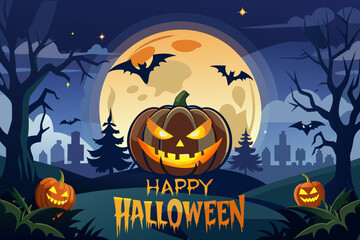 Happy halloween illustration with spooky pumpkin and bats flying in the night