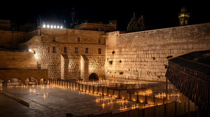 Western Wall illuminated with Candles in Jerusalem at Night Holy Landmark