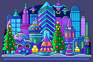 Whimsical futuristic cityscape with christmas trees and flying saucers in vibrant neon colors