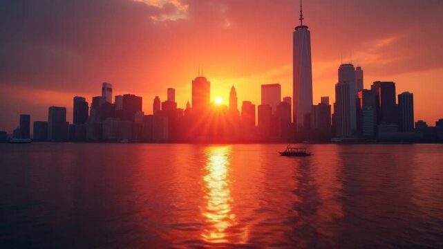 Sunset illuminating city skyline with shimmering water reflections