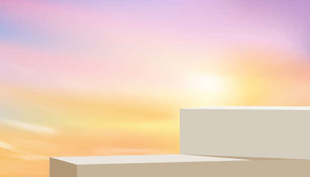 Minimal 3D podium with soft pastel gradient sky at sunset, abstract background for product display, presentation template, stage design, or modern showcase - Powered by Adobe