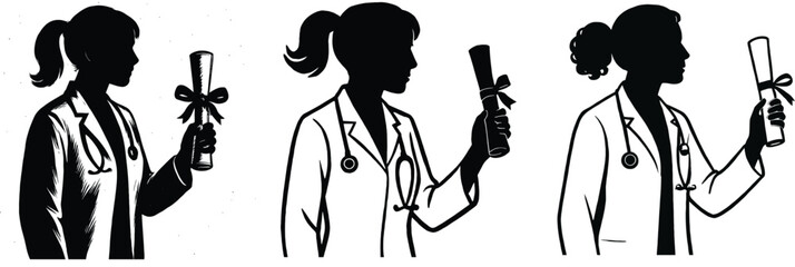 Female doctor silhouette bundle set celebrating achievement with diploma and stethoscope 