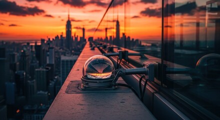 City sunset view from skyscraper ledge with lights reflecting horizon