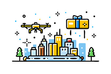 Obraz premium Drone delivering a gift package over a stylized city skyline with trees and floating dots representing snow or confetti
