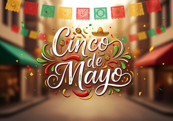 Vibrant Cinco De Mayo celebration on a colorful street with festive decorations and banners