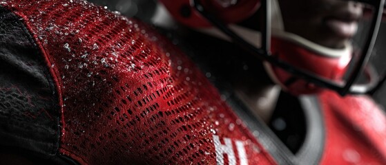 Closeup of African American male football player with helmet and water droplets on red jersey Concept of determination, strength, and athletic performance