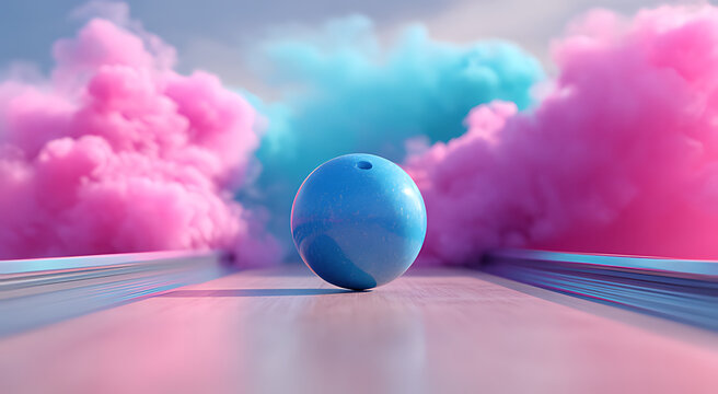 3D render of a blue bowling ball rolling on a track