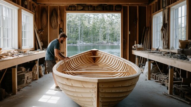 A man is working on a boat in a workshop
