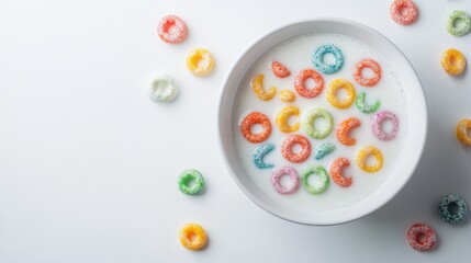 63.A realistic photo of a deep dish filled with an assortment of colorful cereal rings, soaked in creamy milk. The bright colors of the cereal stand out against the smooth, white milk, with some