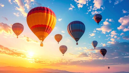 Fototapeta premium A hot air balloon with a colorful red, yellow, and blue design flies high in the sky, offering a fun adventure