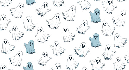 Obraz premium Seamless pattern featuring cute cartoon ghosts in various poses, perfect for Halloween-themed designs