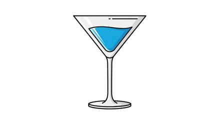 A tall, elegant glass contains bright blue liquid. The clear stem supports the triangular bowl, with white background