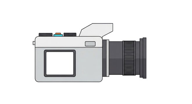A stylized illustration of a grey and white camera with a large lens, featuring a simple design and minimal details, showcasing a rectangular viewfinder and a few control buttons