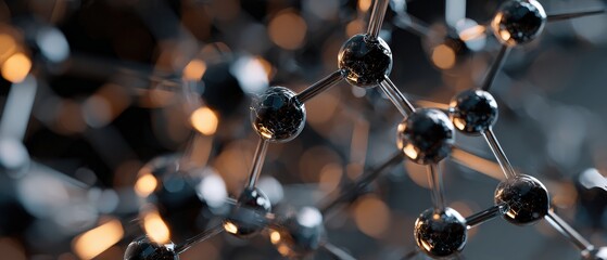 Abstract molecular structure with shiny spheres and connecting rods, representing science, technology, and nanotechnology research