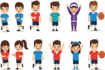 Cartoon children exercise illustration, diverse kids in active poses, sports and fitness vector, playful movement clipart for healthy lifestyle design
