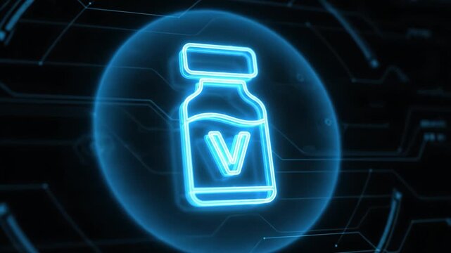 Futuristic blue neon vaccine vial icon glowing on dark digital background. hopeful symbol of healthcare technology, medical research, immunization and scientific innovation for disease prevention