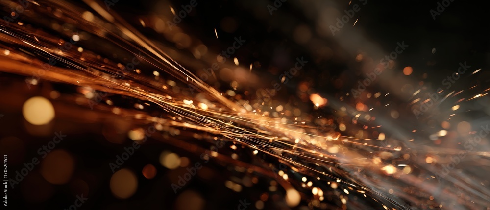 Wall mural abstract closeup of golden sparks and bokeh lights in dark background, creating dynamic energy and m