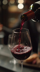 Close-up of red wine served at dinner table in cozy restaurant. Concept of romance, celebration, and luxury lifestyle.