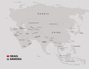 Obraz premium Armenia and Israel Highlighted on Asia Map Showing Borders and Locations
