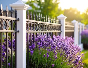 Ornate black metal fence with lavender bushes