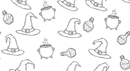 Seamless pattern of witch hats, cauldrons and potions halloween vector illustration in doodle style for textile