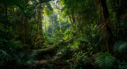 Lush Green Tropical Jungle with Sunlight Filtering Through Trees