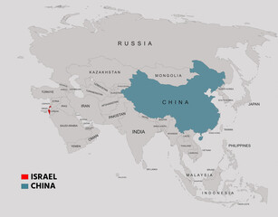 Fototapeta premium China and Israel Highlighted on Asia Map Showing Borders and Locations