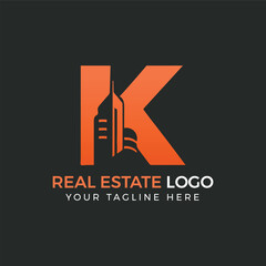 Orange Letter K Real Estate Logo with City Buildings Silhouette vector illustration