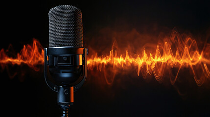 Retro microphone with glowing sound wave on dark background. Audio concept banner for radio, podcast, music, and voice recording.