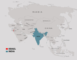 India and Israel Highlighted on Asia Map Showing Borders and Locations